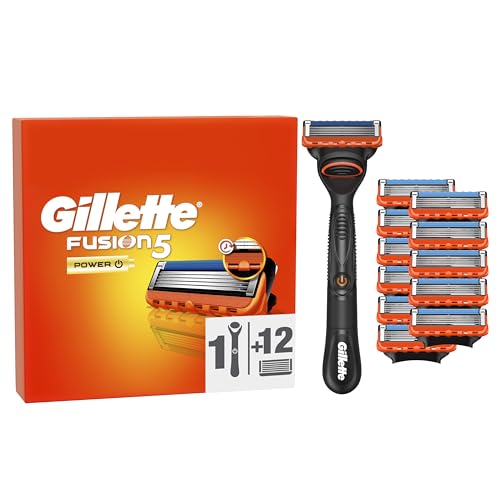 Gillette Fusion5 Power Máquina de barbear para homem com substituições, 1 cabo, 12 lâminas com 5 folhas, faixa de gel lubrificante e aparador de precisão