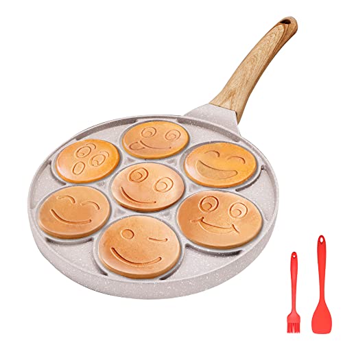 Bobikuke Frigideira para panquecas de indução, molde panquecas Smiley anti-aderente 7 furos frigideira para crepes de pequeno-almoço para crianças 26 cm - branco