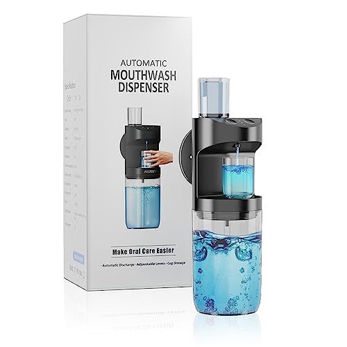Dispensador de enxaguar bucal casa de banho, 550 ml automático doseador de enxaguamento oral, USB recarregável dispensador de sabão com 2 copos magnéticos de plástico, para adultos e crianças, preto