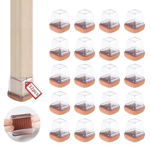 Protetores quadrados de silicone transparente para pernas de cadeira, 32 peças pequenas de silicone para pernas de cadeira com feltro, capas protetoras de silicone para pernas de cadeira, 20 - 28 mm
