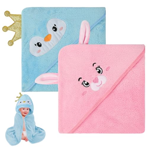 Aolso Toalha de bebé com capuz, 2 toalhas de banho para bebé com capuz, 80 x 80 cm, toalhas macias e absorventes com capuz para recém-nascidos e bebés, (azul/rosa)