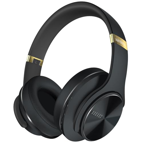 DOQAUS Auriculares sem fios Bluetooth, 3 modos EQ/90 horas de reprodução/Bluetooth 5,3 capacetes Bluetooth, auriculares sem fios com microfone e controlador de 40 mm, para telemóveis/TV/casa - ouro