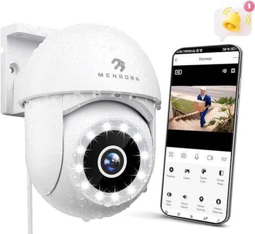 Menborn Câmara de vigilância WiFi exterior 4 MP/2,5 K, câmara IP monitorização de segurança 360°, detecção humana AI, monitorização automática, noite colorida, áudio bidirecional, compatível com