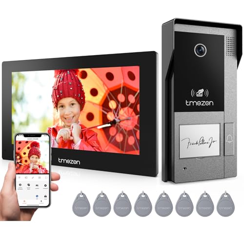 TMEZON Porta-moedas WiFi de 2 fios, 1080P campainha vídeo sistema intercomunicador, ecrã táctil IP de 7 polegadas, deteção de movimento humano, desbloqueio por App/cartão RFID, gravação e reprodução,