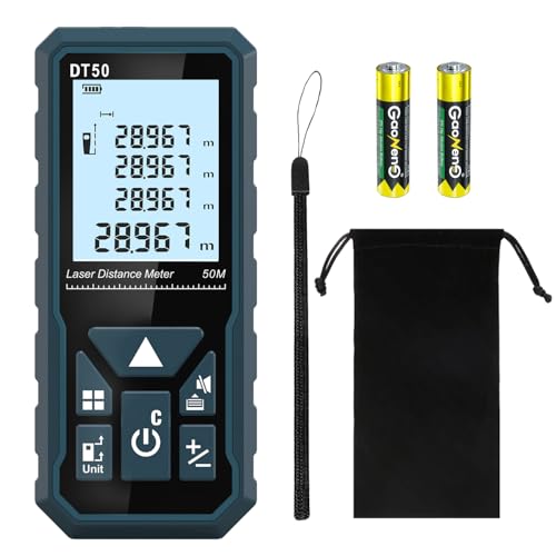 Medidor a laser, DT50 medidor de distância a laser 50 m/165 pés, medidor de pressão portátil ferramenta de medição de fluxo digital, ecrã LCD retroiluminado mais grande com 4 linhas IP54