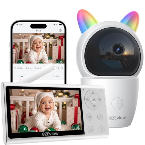 CZEview 3,3" Câmara de vigilância para bebé, 360° PTZ monitor para bebés com câmara e visualização de ecrã duplo, deteção de movimento, áudio de 2 vias, visão noturna, controlo de monitor e telemóvel