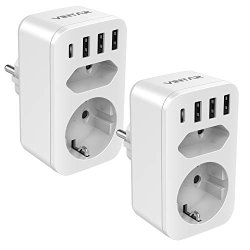 VINTAR 2 unidades tomada USB 6 em 1, tomadas de latão (4000 W) com 3 carregadores USB (2,4 A) 1 porta tipo C (3A) 1 tomada CA 1 tomada EU, tomada multi-adaptador tomada com USB Espanha