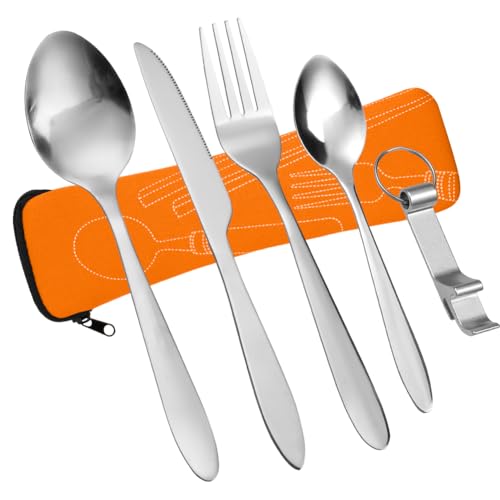 Vicloon Talheres para transportar, 6 peças Camping de aço inoxidável, conjunto de trabalho talheres para exteriores, viagens de campismo, conjunto de talheres de aço inoxidável laranja - luz