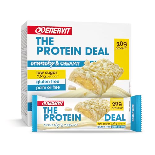 Enervit The Protein Deal Double White, barras protetoras, sabor chocolate branco com centro suave, Snack delicioso, 20 g de proteínas, 1,9 g de açúcares, sem glúten, 12 barras de 55 g