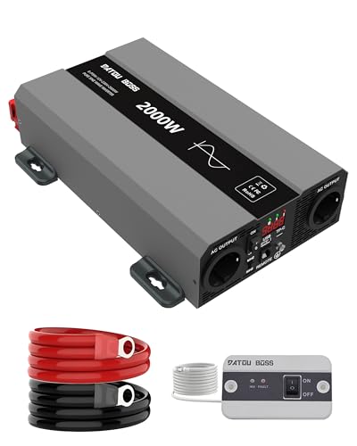 DATOUBOSS Inversor 12 v 220 v/230 v onda pura 2000 w, inversor de onda pura de 12 v a 220 v com tomada de AC e porta USB 3A para casa, RV, camião, inversor de energia solar fora da rede (SAK-12 vv.