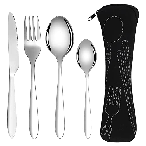 iJiGui 4 em 1 Conjunto de talheres Camping Set, saco para talheres, conjunto de utensílios de aço inoxidável, talheres portáteis para levar ao trabalho para festas viagens piquenique
