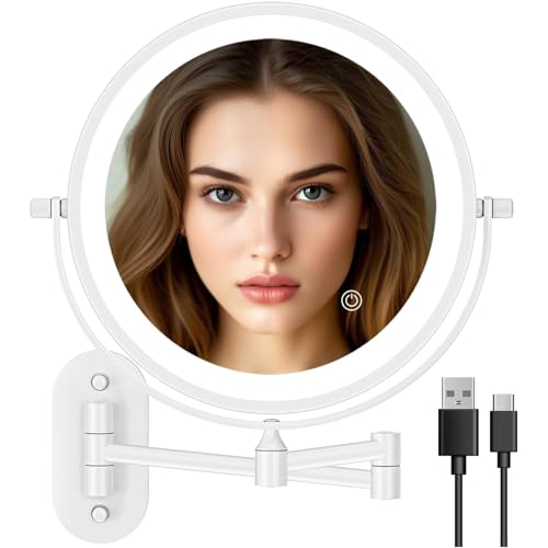 Auxmir Espelho maquilhagem com luz de parede, recarregável 1 x / 10 x aumento de dupla face rotativo 360, espelho casa de banho extensível tátil com USB, 3 cores brilho regulável, para hotel SPA,