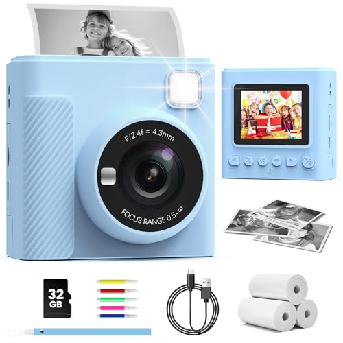 TIATUA Câmara com fotos infantis instantâneas, 2,4 polegadas 1080P câmara instantânea com cartão de 32 GB e papel fotográfico, presente para crianças dos 3 aos 12 anos