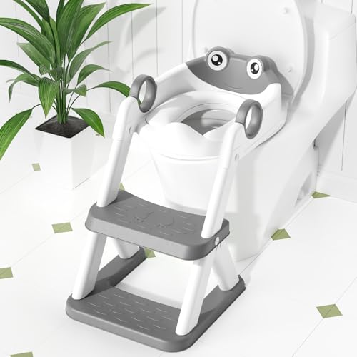 COOSEYA Frog Redutor WC crianças, Baby dobrável casa de banho adaptador WC crianças, ajustável treino escada melhorado 2 em 1, tapete impermeável e escada antiderrapante