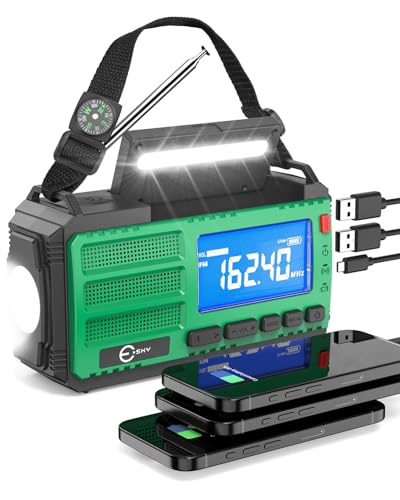 Esky 10000 mAh Rádio emergência solar dínamo, 7 em 1 am/FM/NOAA rádio emergência 3 métodos de carregamento rádio portátil manivela com lanterna, candeeiro de leitura, bússola, alarme SOS uso no