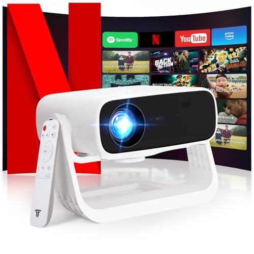 Projetor de vídeo com aplicação integrada, Wielio projetor portátil Full HD 1080p, Android 11 WiFi6 BT5.2, correção trapezoidal automática, compatível com Netflix e Youtube, sistema Home cinema
