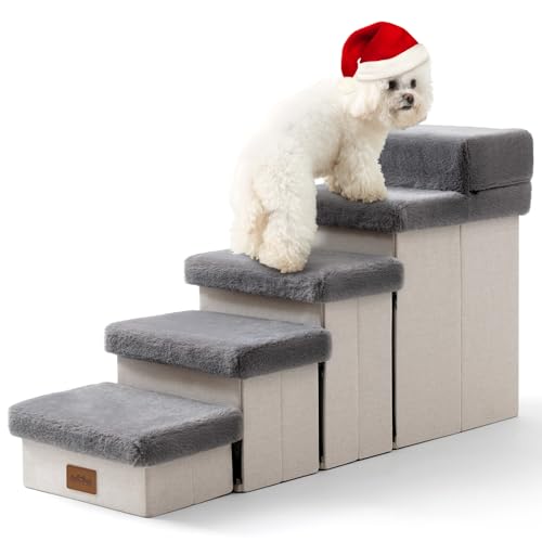 COZY KISS Escadas para cães pequenos com arrumação, escadas dobráveis para animais de estimação para cama, sofá e cadeira, durável, até 80 kg (cinzento, 33 x 101 x 54 cm, 5)