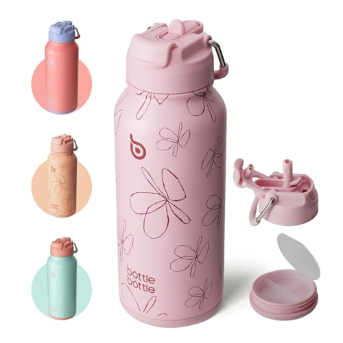 BOTTLE BOTTLE Garrafa isotérmica com comprimido, 900 ml, garrafa desportiva de aço inoxidável para exteriores, caminhadas, flor rosa