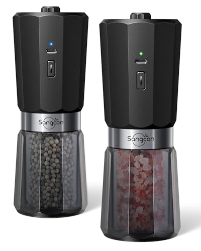 Sangcon 2 velocidades moinho de sal e pimenta elétrico de gravidade 2 peças, 800 mAh recarregável de grande capacidade, 5 níveis de espessura ajustáveis externamente moagem automática com uma só mão