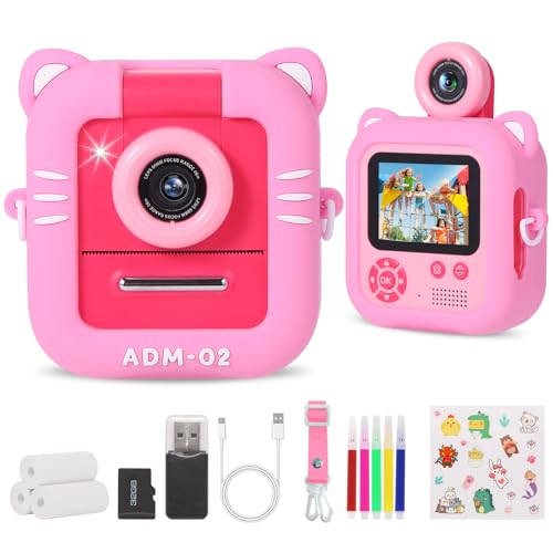 Câmara com fotos infantis instantâneas, ZUEOKAI 2,4" com lente rotativa de 180° e 3 papéis de impressão, cartão de 32 GB e capa de silicone, aniversário para menino menina de 3 a 10 anos