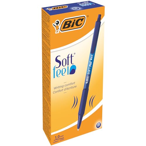 BIC Soft Feel, canetas retráteis, gripe suave, ponta média (1,0 mm), cor azul, caixa de 12