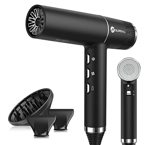 Secador de cabelo, Slopehill Secador de cabelo profissional iónico com motor sem escovas exclusivo | microfiltro inovador, Tecnologia Oxy ativo, ecrã LED | 2000 W | preto