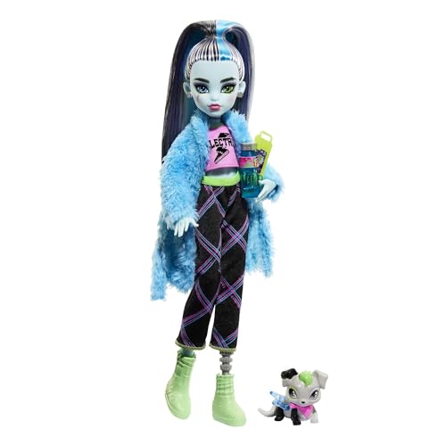 Monster High Festa de pijama Frankie Stein boneca articulada com pijama, animal de estimação e acessórios, brinquedo + 4 anos (Mattel HKY68)