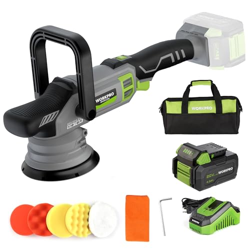 WORKPRO Polidora de carro sem escovas de 20 V Polidor orbital sem fio de ação dupla, 7 velocidades (2000 - 5000 RPM), pega D removível, com saco, para polimento de carro, chão, azulejo, móveis