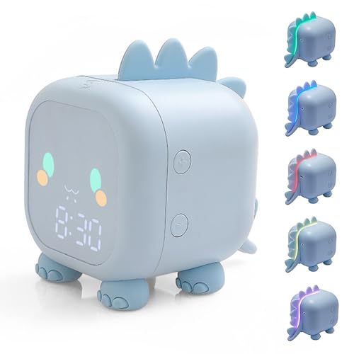 yotutun Relógio despertador para crianças, despertador digital com luz noturna, função de repetição e temporizador, controlo de voz USB relógio despertador de dinossauro para meninos e meninas (azul)