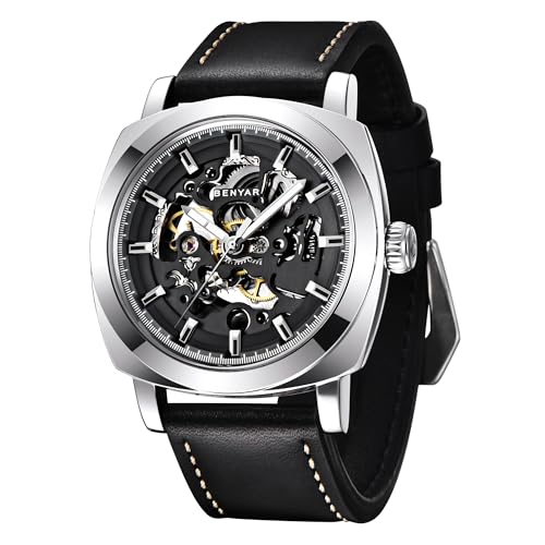 BENYAR - Relógio de pulso automático para homem | pulseira de couro | movimento dourado | mostrador esqueleto de 45 mm | resistente à água e aos riscos | Disponível em banda multicolorido
