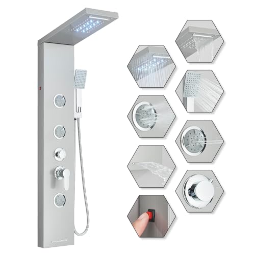 LLFFSSDG Torre de duche térmica: Cabeça de chuva ajustável, 4 jatos corporais e chuveiro de mão 3 em 1 - aço inoxidável escovado - montagem na parede