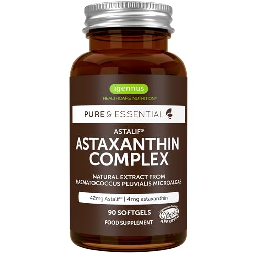 Astaxantina natural, 42 mg, potente antioxidante, 90 cápsulas veganas fornecem 4 mg de Astaxantina de Microalgas H. Pluvialis, 3 meses de fornecimento, de Igennus