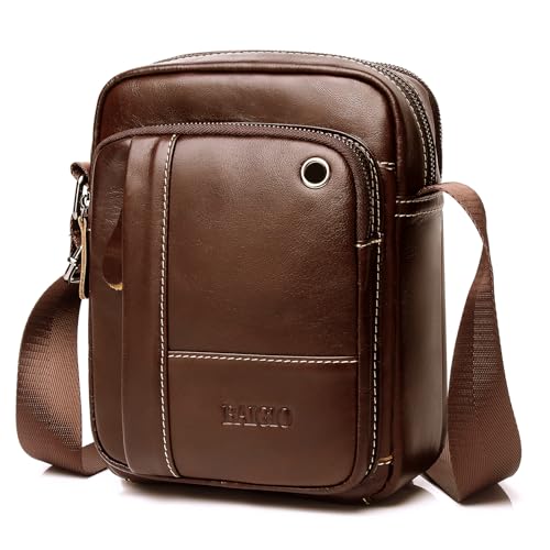 BAIGIO Mala de tiracolo homem de couro mala de ombro pele pequena vintage crossbody bag casual, Castanho, Mala de ombro de couro utilitário