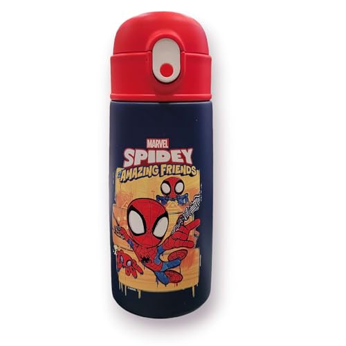 Seven Garrafa térmica SPIDER-MAN, azul vermelho, garrafa para crianças com palhinha de 460 ml, garrafa para berçário Homem-Aranha – Escola Primária, Aço inoxidável, manutenção de temperatura até 24 h