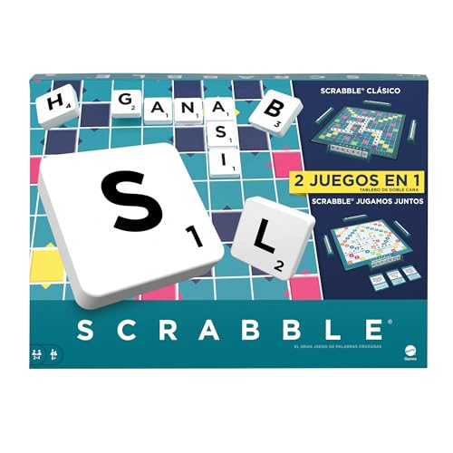 Mattel Games Scrabble 2 Jogos em 1, jogo de tabuleiro familiar, palavras cruzadas, inclui tabuleiro com 2 faces, 50 cartões com objetivos, 2-4 jogadores e 10 anos, versão em espanhol (HXV99)
