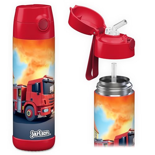 Jarlson®, Garrafa térmica de aço inoxidável, para crianças, sem BPA, garrafa térmica de 500 ml (camião de bombeiros vermelho, 500 ml)