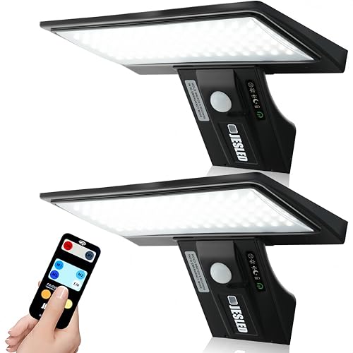 JESLED Luz solar exterior, 90 LEDs holofotes LED exteriores solares com sensor de movimento, 2600 mAh 3 modos luzes solares com controlo remoto, IP65 impermeável aplique candeeiro para jardim, 2