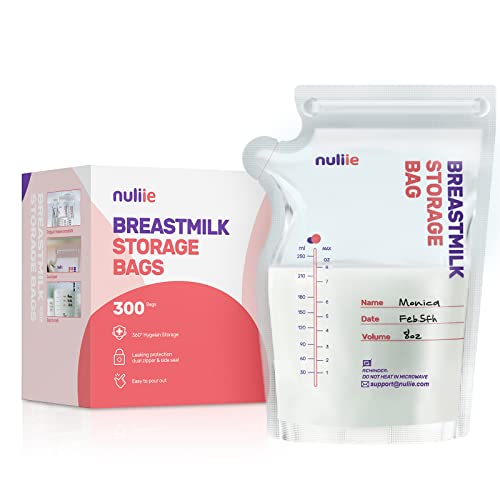 Nuliie 300 unidades sacos leite materno pré-esterilizados, sacos de leite materno para congelar com dispensador, livre de BPA, saco auto-sustentável, economia de espaço