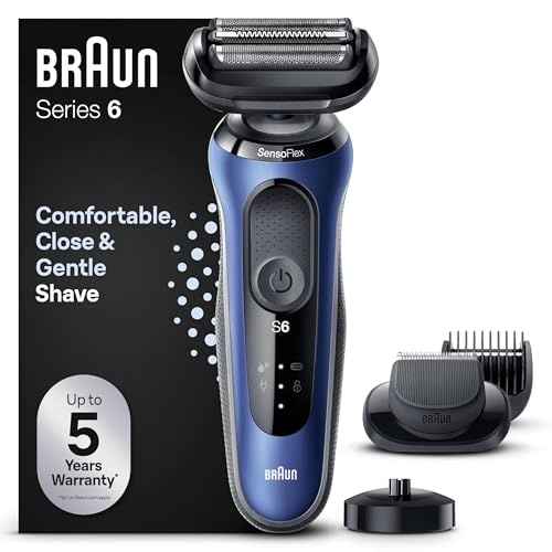 Braun Série 6 máquina de barbear elétrica para homem, máquina de barbear com aparador, EasyClick, base de carregamento, SensoFlex, uso seco e molhado, recarregável, sem fios, 61-B4500cs, azul