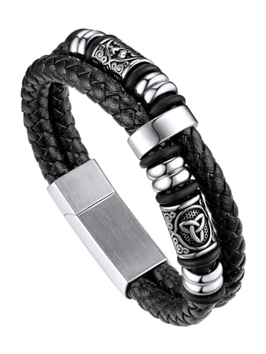 Bandmax Pulsera Viking Cuero Hombre con Charms Brújulas/Cuentas, Personalizable, 19cm 21cm 23cm Largo, Broche Imán Robusto, Incluye Joyero