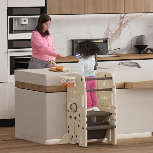 Gupamiga Torre de aprendizagem Montessori para crianças, anti-capotagem, regulável em altura, degraus antiderrapantes, com funções de entretenimento como pintura, basquetebol (castanho) SST - 05