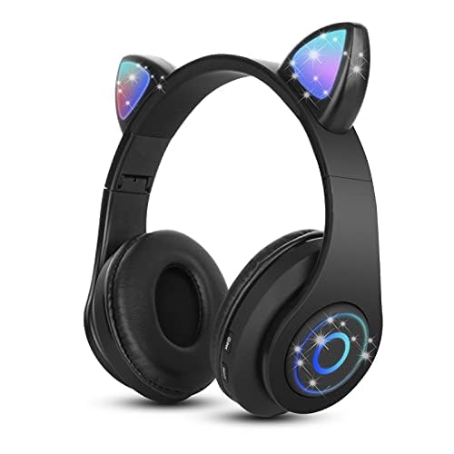 Sendowtek Capacetes sem fios para crianças, diadema mãos livres com cabo de microfone integrado e luz LED, auriculares Bluetooth orelhas de gato para meninas e adultos férias (preto)