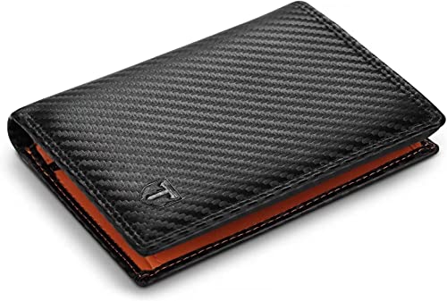 TEEHON Carteira de homem, carteira vertical de couro de fibra de carbono, com RIFD proteção, 13 ranhuras para cartões, com fecho de correr, presente para homem de Natal, aniversário (preto e laranja