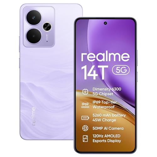 realme 14T 5G Smartphone 8 + 256 GB, Dimensity 6300 5G chipset, 50 MP Ai câmera, 6,67 '' 120 Hz Super AMOLED Display, Bateria de assiva, Dual Sim, NFC, roxo