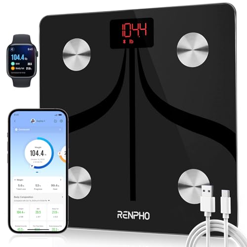 RENPHO Bascula de casa de banho com aplicação, balança de gordura corporal recarregável, base inteligente com Bluetooth, base digital bioimpedância monitor de composição corporal para peso muscular,