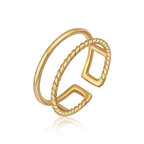 GD GOOD.designs Anel feminino ajustável em aço inoxidável - resistente à água - anel duplo aberto em ouro de 18 quilates - prata - ouro rosa | Incl. caixa de presente para mulher