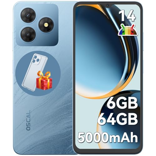 OSCAL 2025 Flat 2C telemóvel Android 14 6GB +64 GB/2TB TF, 6,56" HD + Smartphone, bateria 5000 mAh, câmara 13 MP+8 MP, 4G Dual SIM/OTG/GPS/3 anos de garantia telefones celulares leves Sem fios - azul