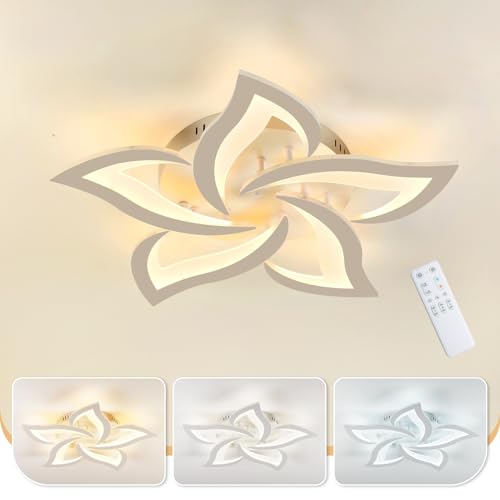 MOUNM Candeeiro de teto 28 W 2800 lm de pétalas criativas, teto com controlo remoto, candeeiros de teto sala de estar de alumínio com luz regulável 3000 K-6000 K para sala de estar, corredor, quarto