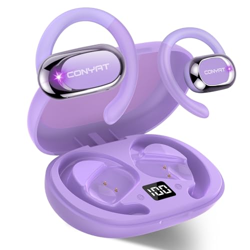 Conyat Auriculares orelha aberta, 58H auriculares desportivos Bluetooth 5.4, HiFi estéreo capacetes sem fios para fitness corrida, roxo