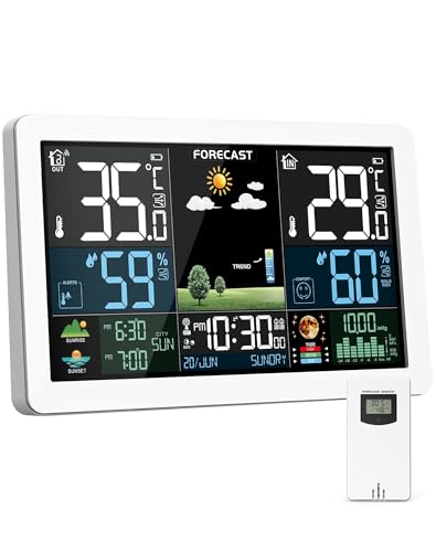 Estação meteorológica com sensor externo, estação meteorológica sem fios com ecrã colorido, previsão do tempo, temperatura, humidade, despertador com função de repetição